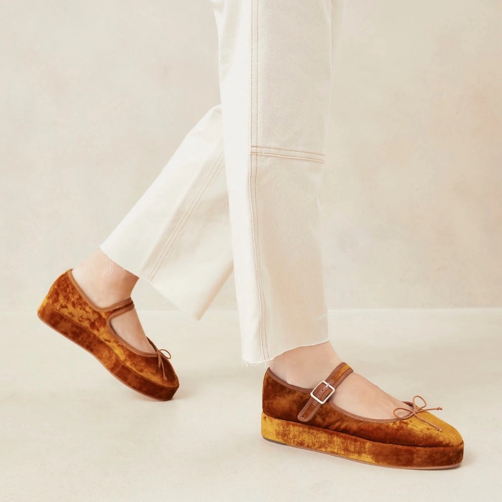 Loeffler Randall Leah Ochre Platform Mary Jane Velvet WOMENS 10